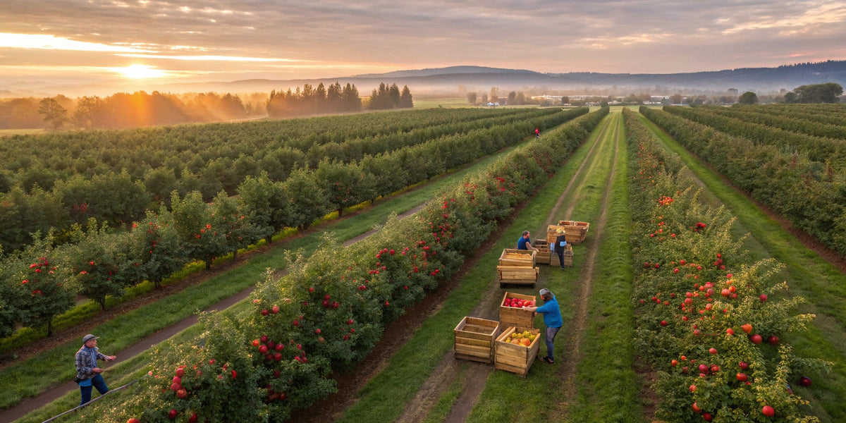 Aerial view of a U.S. apple orchard at sunrise with farmers preparing for a record harvest.