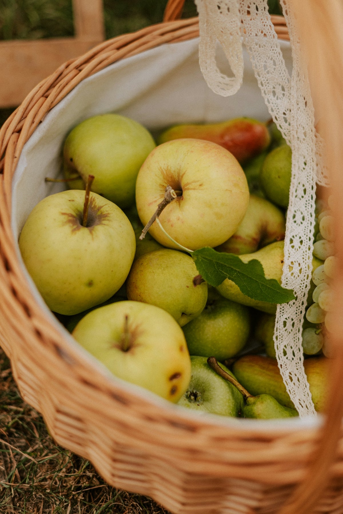 A basket filled with lots of green apples
